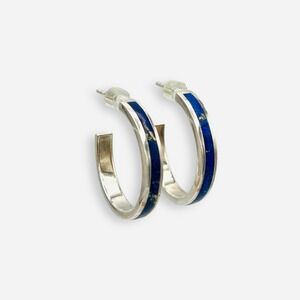 Sundance Catalog Peyote Bird Blue Sapphire Hoop Earrings Inlay Sterling Silver